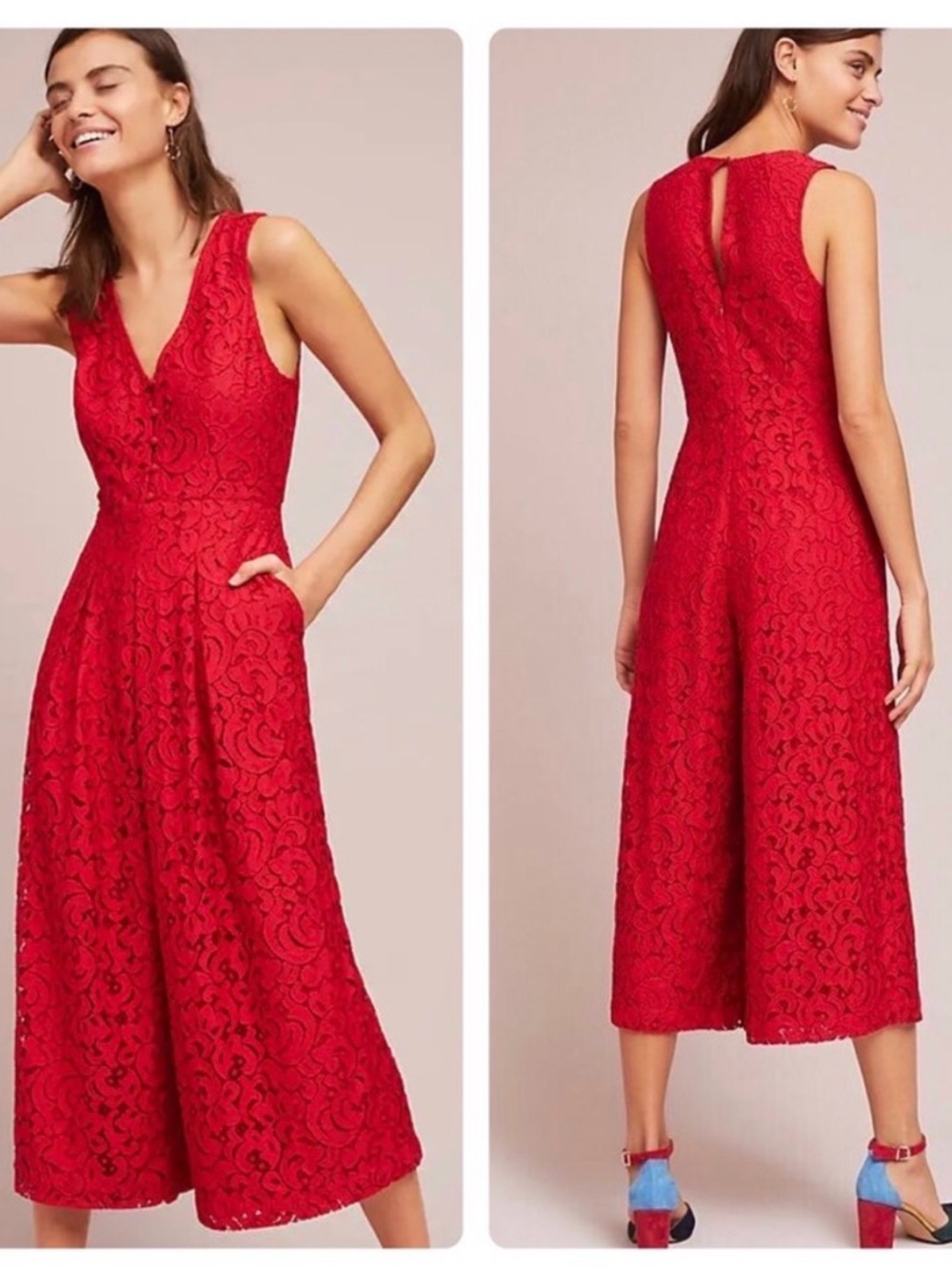 Anthropologie Moulinette Soeurs Red Lace Sleeveless Wide-Leg Jumpsuit